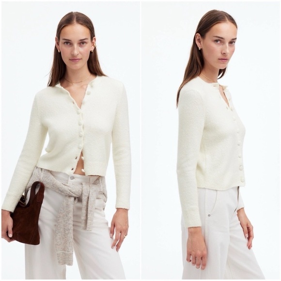 Madewell Sweater Cotton-Blend Cardigan Covered Buttons Winter White M NWT New - Picture 1 of 12